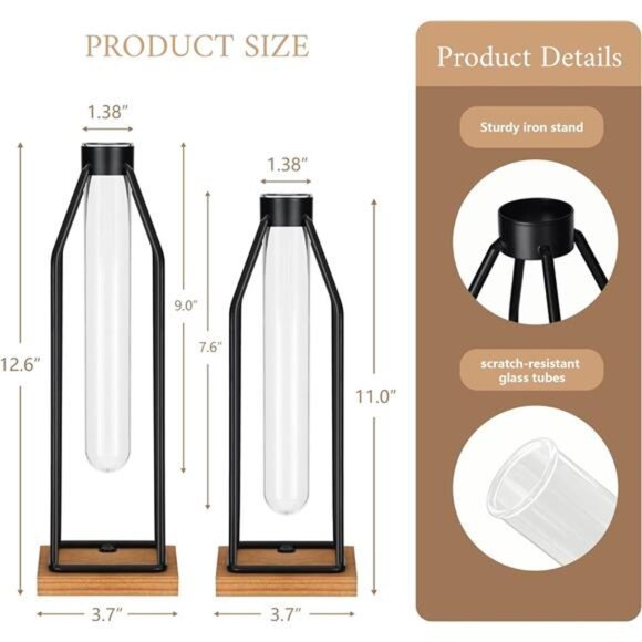 Wooden Vase Test Tube Set of 2, 11&12.5 Inch Flower Vases with Iron Stand - Picture 2 of 7